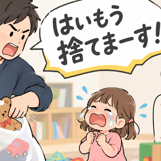 「はいもう捨てまーす！」片付けない娘にブチギレて本気でゴミ袋に詰める夫…ワンパターンな叱り方に困惑