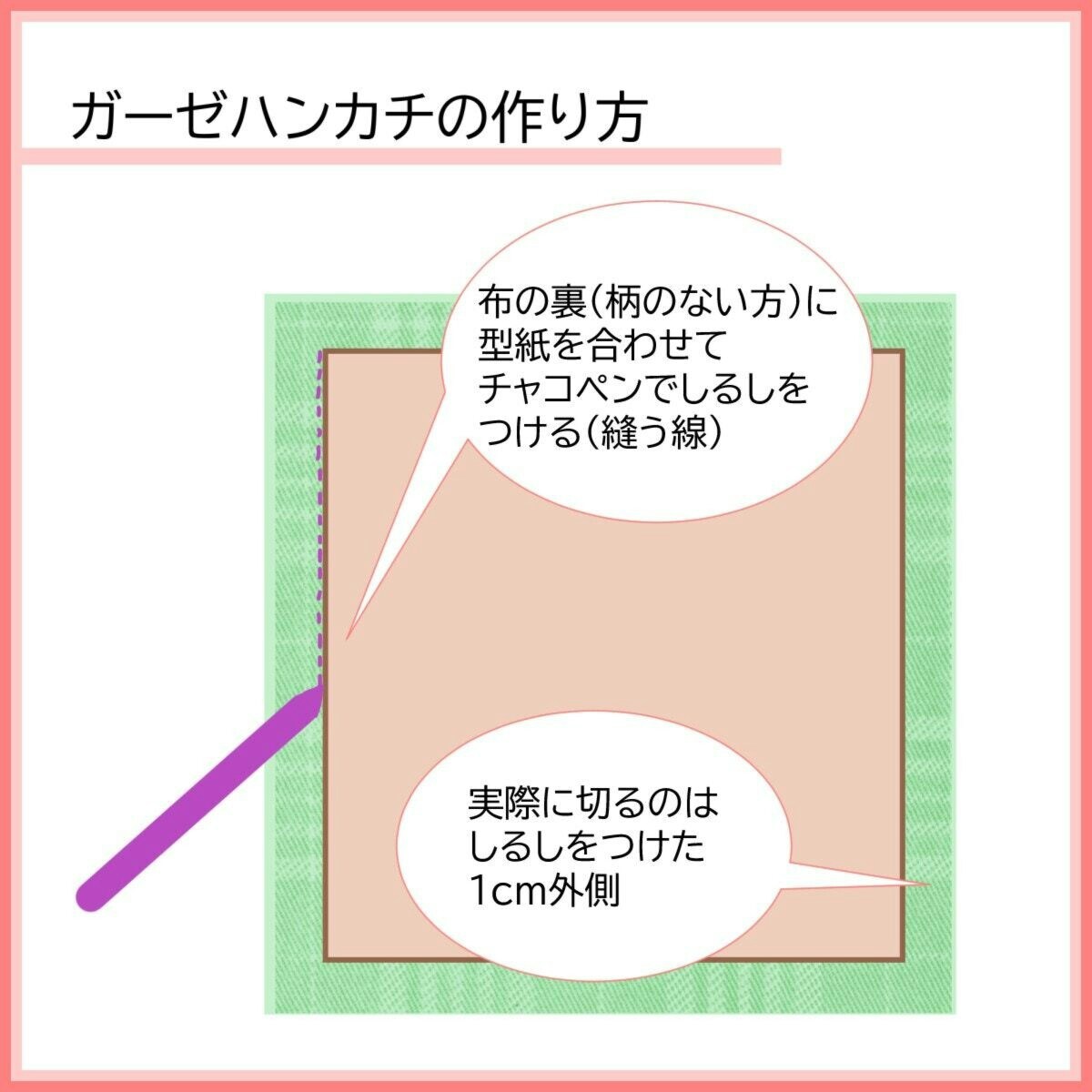 ガーゼハンカチの作り方：布の裏に型紙を合わせてしるしを付ける