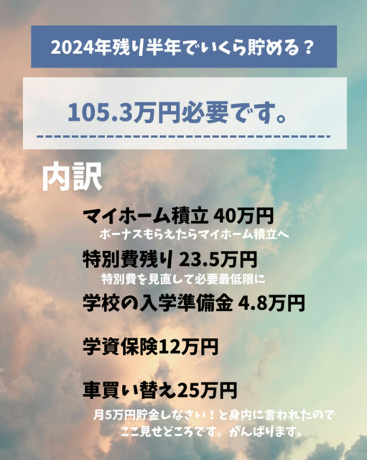 あと半年で100万円貯金したい！【節約主婦】年間貯金ペースを見直し、やると決めたこと [ママリ]