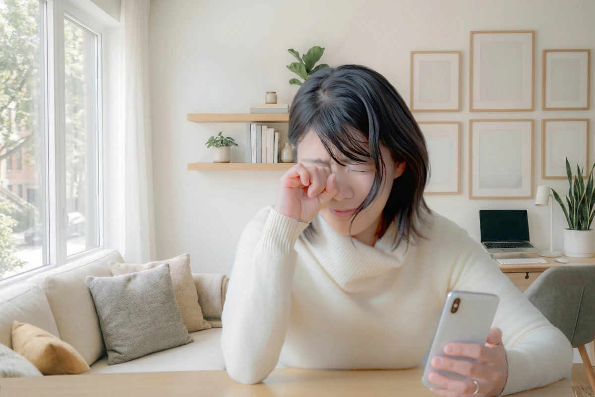 スマホ　涙　女性　リビング