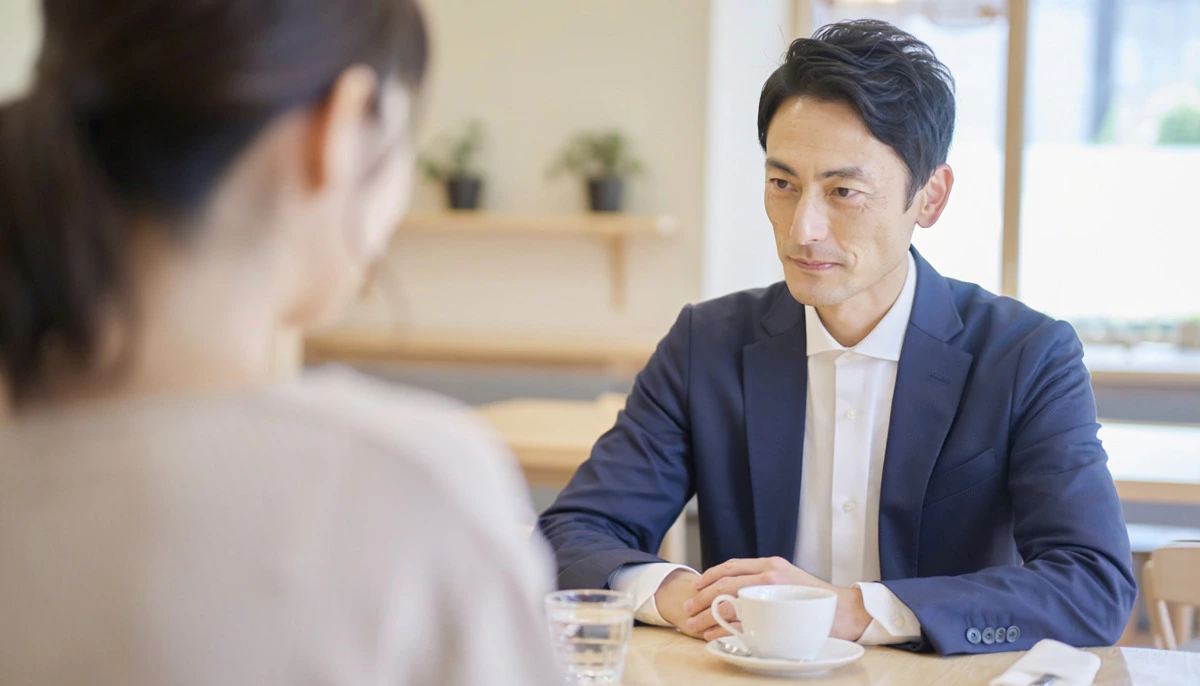 男性　カフェ　真剣　男女