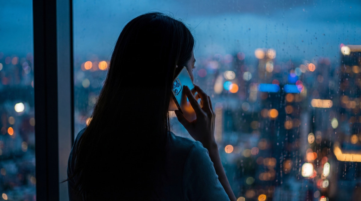電話　女性　悲しい　夜