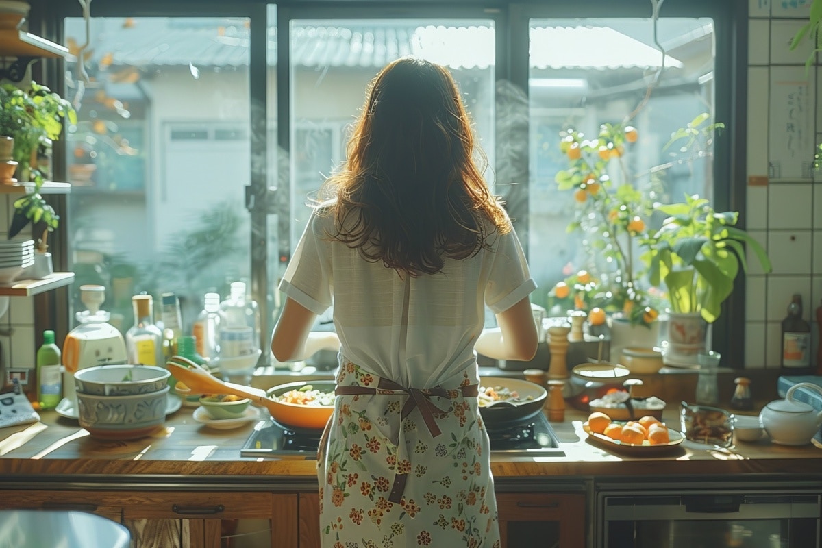 妻　後ろ姿　エプロン