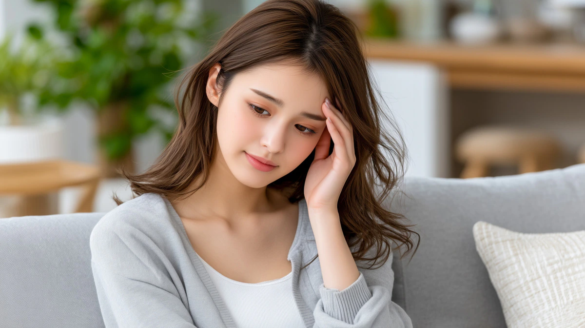 女性　ソファ　困り顔