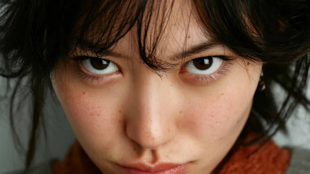 女性　怒り　顔　アップ　睨む