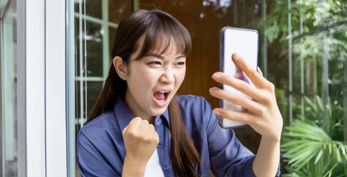 イライラ　スマホ　女性　外