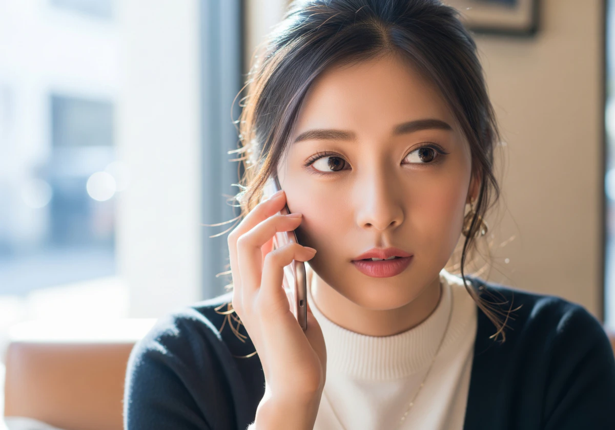 女性　カフェ　スマホ　通話　真面目