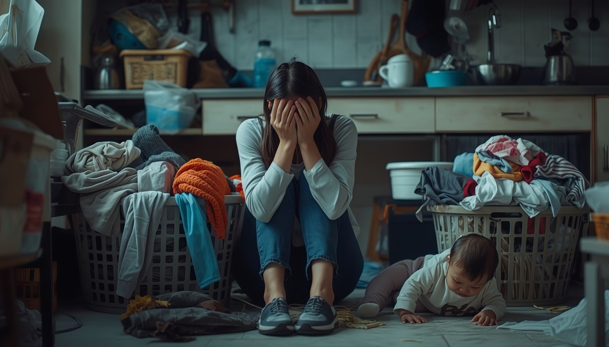 泣く　女性　赤ちゃん　キッチン