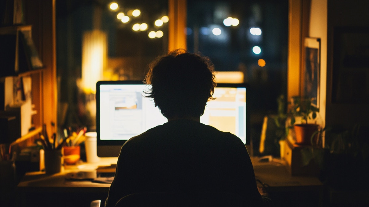 パソコン　男性　自宅　暗い　集中