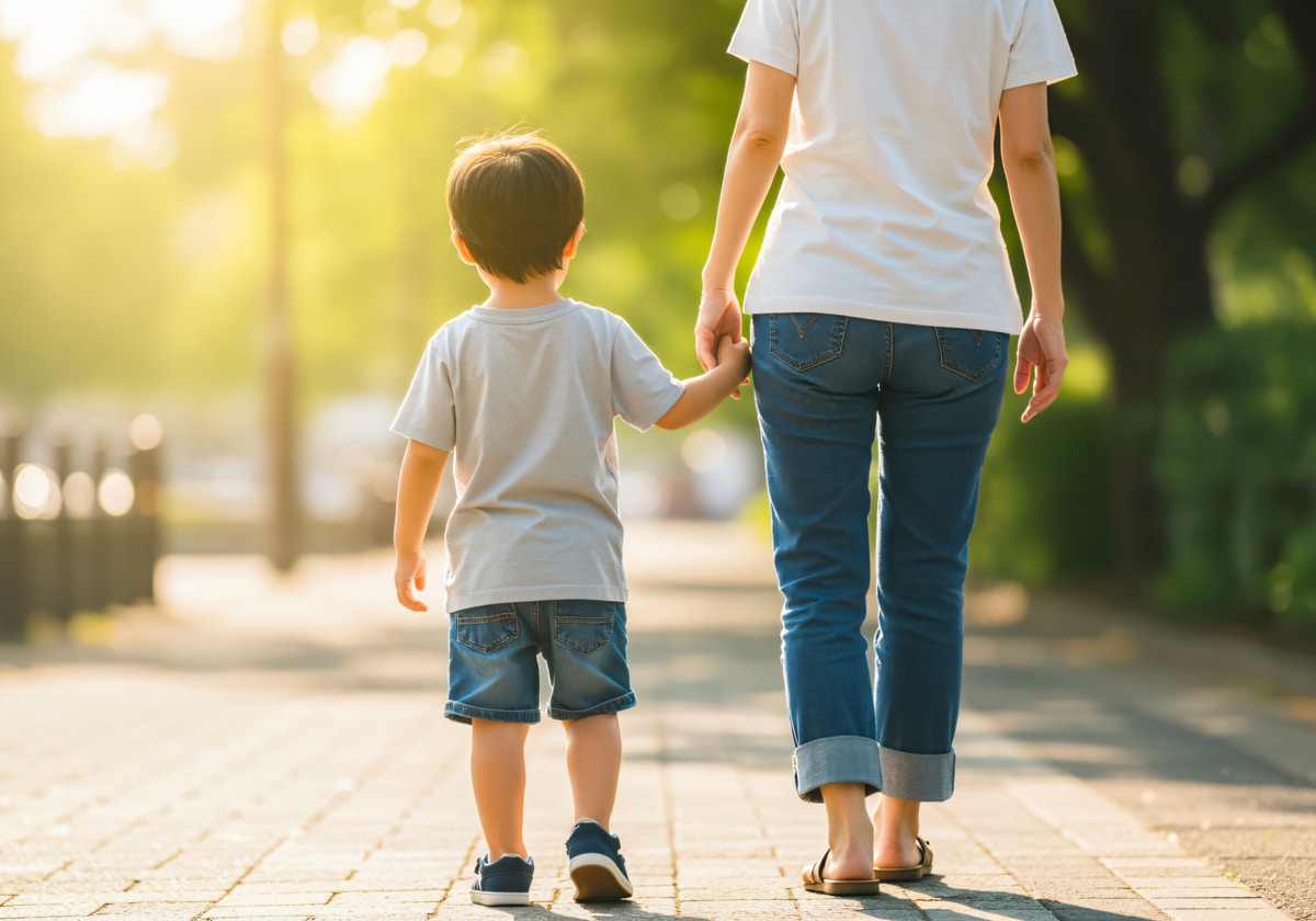 手をつなぐ　親子　背中